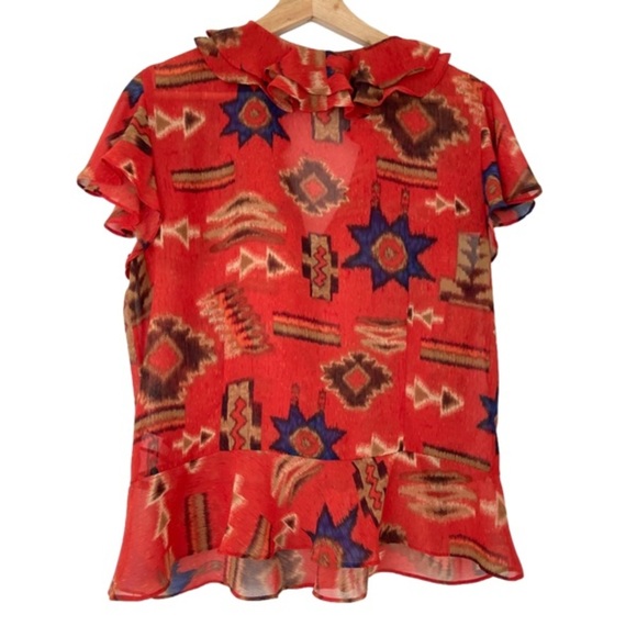 CHAPS DENIM VINTAGE STYLE ORANGE/BROWN SHORT SLEEVE TOP/BLOUSE W/FRONT RUFFLE, L - Picture 2 of 12